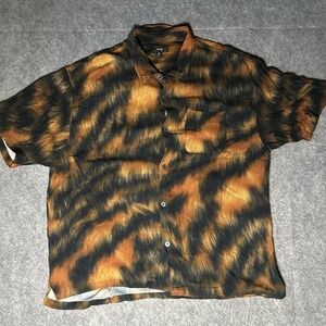 Stussy Men's Xl Tiger Fur Print Viscose Short Sleeve Shirt Flowy Button Up